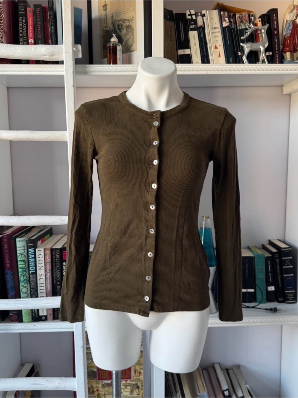 Zara Olive Green Ribbed Button-Front Long Sleeve Cardigan